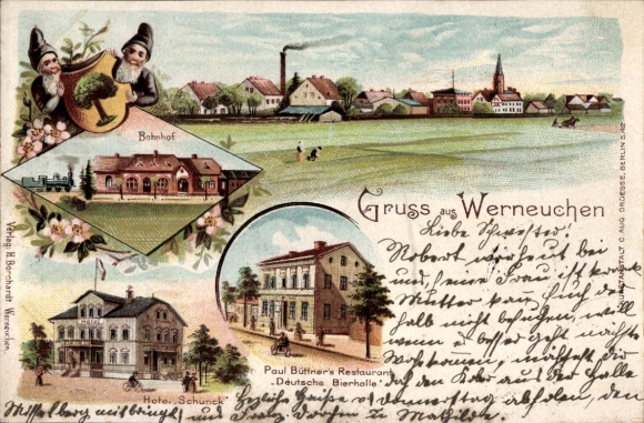 Chromo-Litho Werneuchen in the Barnim district, train station, Hotel Schunck, Restaurant Deutsche Bierhalle