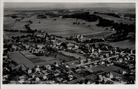 Postcard Peißenberg in Upper Bavaria, aerial photograph, Unter-Peißenberg