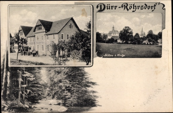 Postcard Dürrröhrsdorf Dittersbach, castle and church, Müller&#39;s inn, Wesenitztal