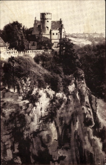 Postcard Dresden Dölzschen, Begerburg, castle, steep slope, forest, architecture, black and white