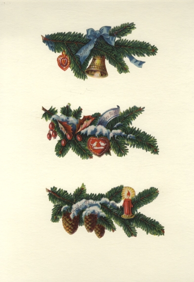 3 wafle z udekorowanych bożonarodzeniowo, pokrytych śniegiem gałązek jodłowych, każdy o wymiarach ok. 6 x 13,5 cm