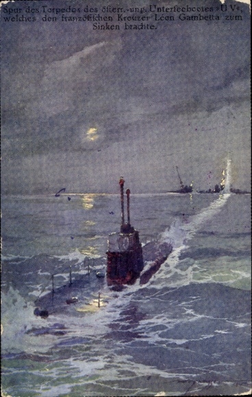 Künstler Ak Heusser, H., Spur des Torpedos des Unterseebootes UV, Kreuzer Leon Gambetta