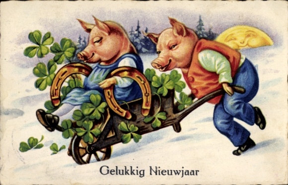 PC Happy New Year, pigs, horseshoe, lucky clover, wheelbarrow