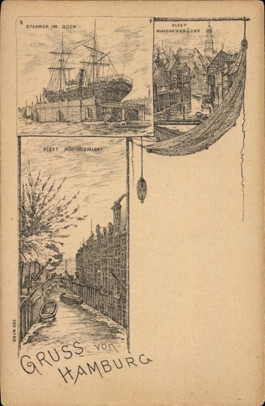 Chromo-Litho Hamburg Mitte Neustadt, steamer in the dock, Fleet, Bleichenbrücke