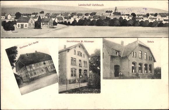 KP Vahlbruch w Dolnej Saksonii, krajobraz, zajazd Carl Garbe, budynek handlowy W. Häsemeyera, szkoła