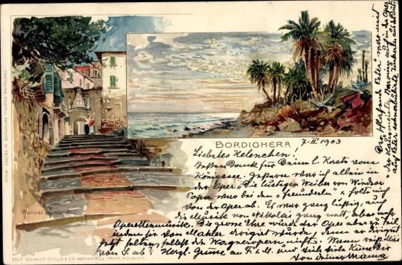Artysta lito Wielandt, Manuel, Bordighera Liguria, odcinek ulicy w mieście, nadmorski krajobraz