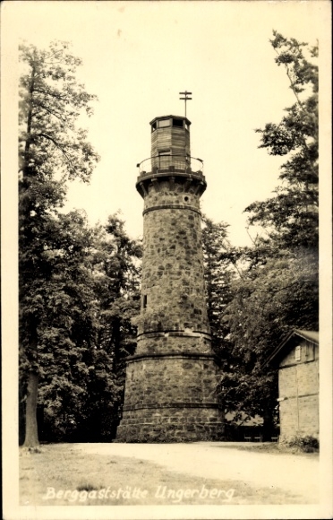 Postcard Neustadt in Sachsen, Ungerberg, mountain restaurant tower, trees, black and white,