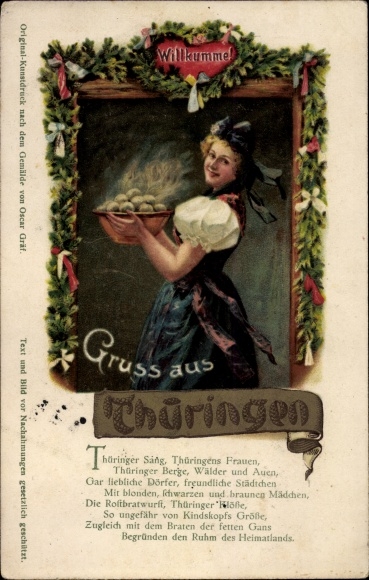 Postcard Greetings from Thuringia, Willkumme, woman in costume, dumplings