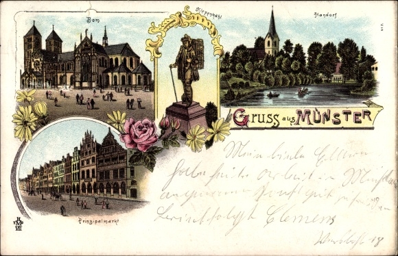 Litho Münster in Westfalen, Domkirche, Prinzipalmarkt, Handorf, Denkmal