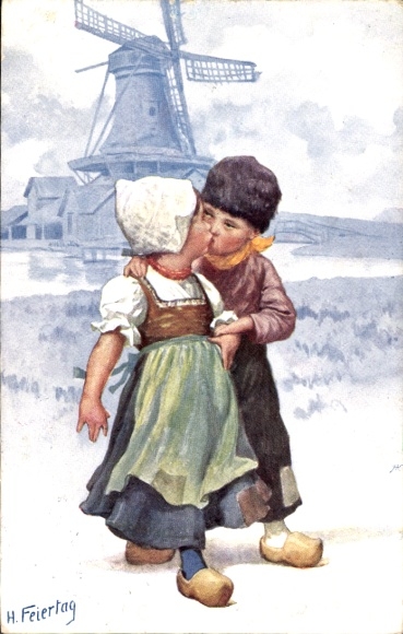 Artist Postcard Holiday, Karl, Dutch folk costumes, windmill, children kissing