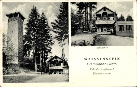 Postcard Stammbach in Upper Franconia, Restaurant Weissenstein, observation tower