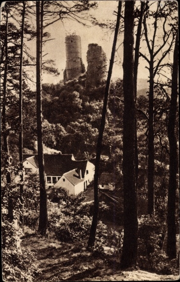 Postcard Kirkel Neuhäusel Saarpfalz, View from the forest to the castle ruins