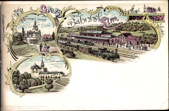 Chromo-Litho Elm Schluechtern in the Main Kinzig district, train station, track side, Brandenstein Castle, Ramholz Castle