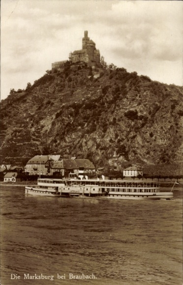 Postcard Braubach am Rhein, Marksburg, river landscape, ship, photography, historic castle