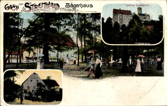 Chromo-Litho Gnandstein Kohren Sahlis in Saxony, Castle, Jägerhaus Streitwald, guests in the garden