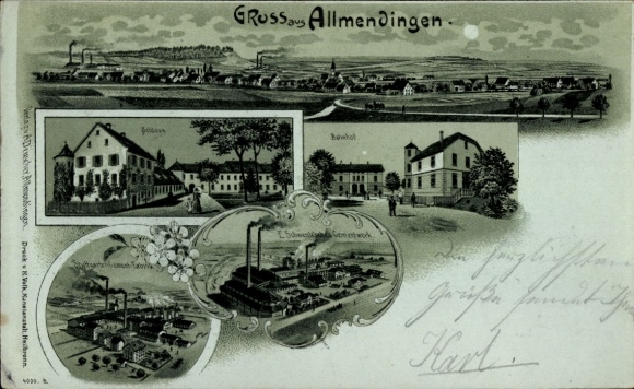 Mondschein Litho Allmendingen in Württemberg, Panorama, Schloss, Bahnhof, Fabrik