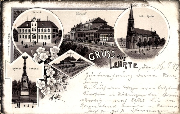 Chromo-Litho Lehrte Lower Saxony, school, train station, monument, church