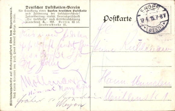 Artist Postcard Schulze, Hans Rudolf, Military biplane on reconnaissance mission over the Argonne Forest