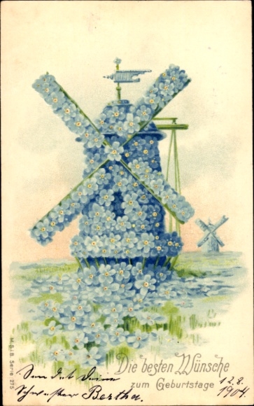 Postcard Happy Birthday, windmill decorated with forget-me-not flowers