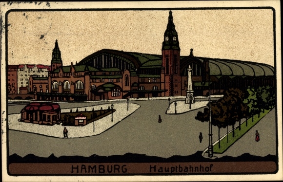Lithography Postcard Hamburg, main station, street side