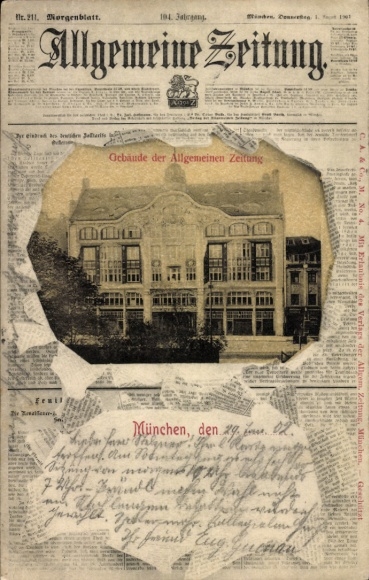 Newspaper Postcard Munich, Allgemeine Zeitung, building