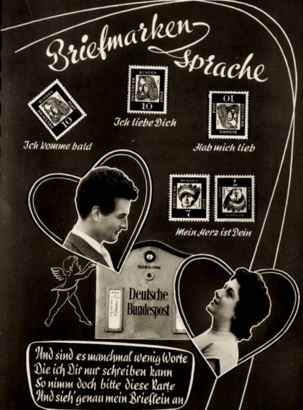 Ak Briefmarkensprache, Mann, Frau, Postbriefkasten