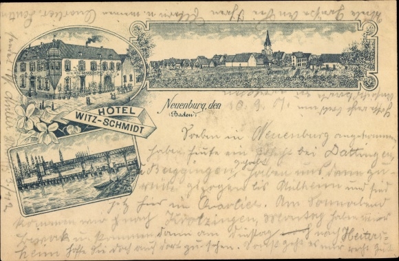 Forerunner Chromo-Litho Neuenburg am Rhein Baden, Hotel Witz Schmidt, town view
