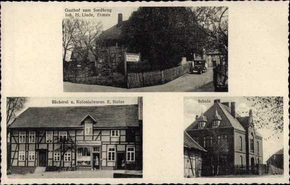 Postcard Ehmen Wolfsburg in Lower Saxony, Gasthof zum Sandkrug, school, bakery, shop E. Stolze