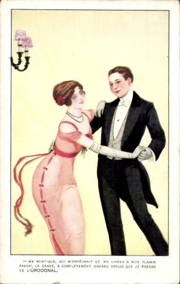 Postcard dancing couple, advertising, urodonal