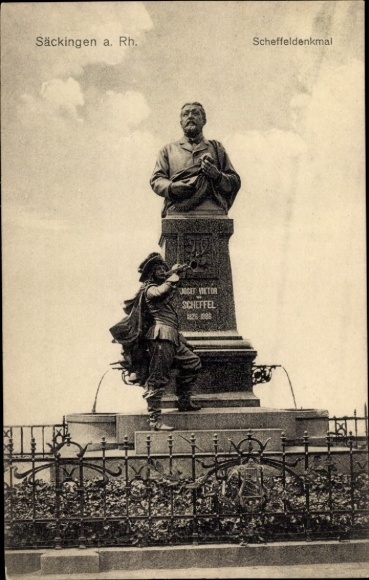 Postcard Bad Säckingen am Hochrhein, Scheffeldenkmal, statue of Victor Scheffel, lettering GET VICTOR