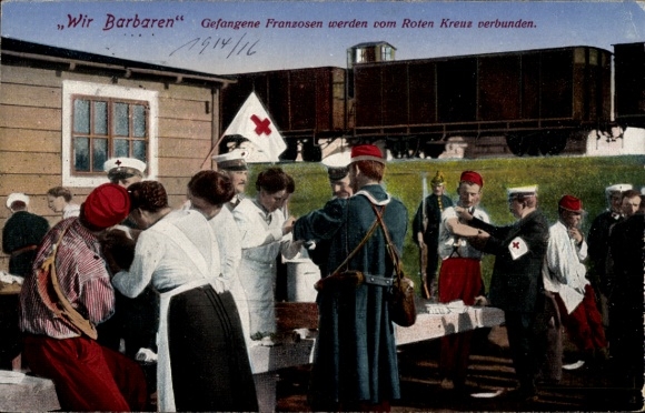 Postcard French prisoners are bandaged by the Red Cross, prison camp