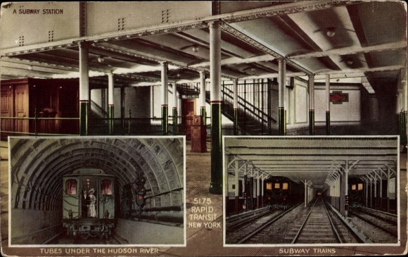 Postcard New York City USA, a subway station, tubes under the Hudson River, subway trains