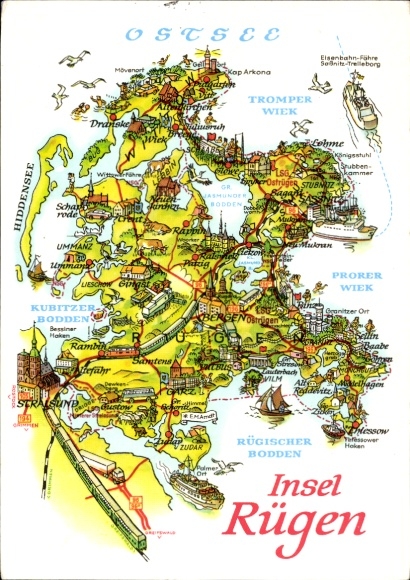 Landkarten Riesen Ak Insel Rügen, Rügischer Bodden, Tromper Wiek, Prorer Wiek, Sassnitz