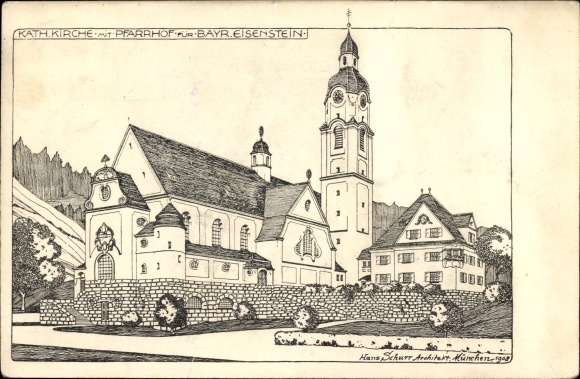 Künstler Ak Bayerisch Eisenstein im Kreis Regen Niederbayern, Kirche mit Pfarrhof von Hans Schurr