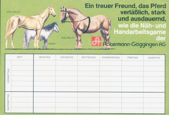 Timetable Advertising Ackermann Göggingen AG, sewing threads, Schürer, horses, pony