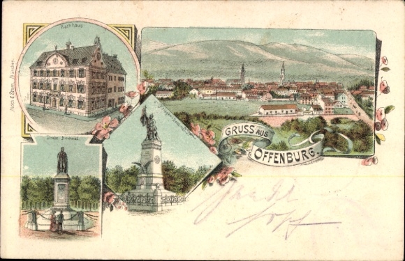 Chromo-Litho Offenburg in the Black Forest, Town Hall, Drake Monument, War Memorial, general view