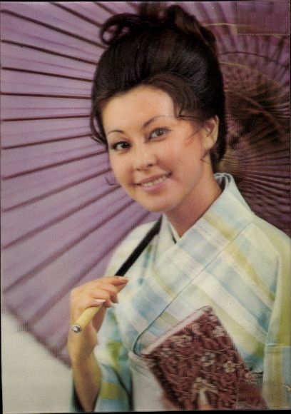 3-D Postcard Winking Asian, Parasol