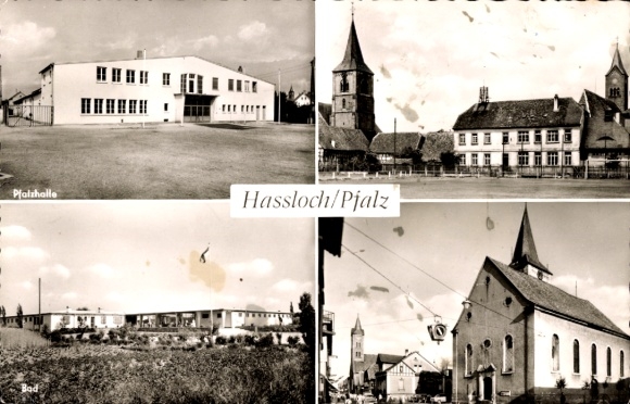 Ak Haßloch in Rijnland-Palts, Pfalzhalle Bad, kerk