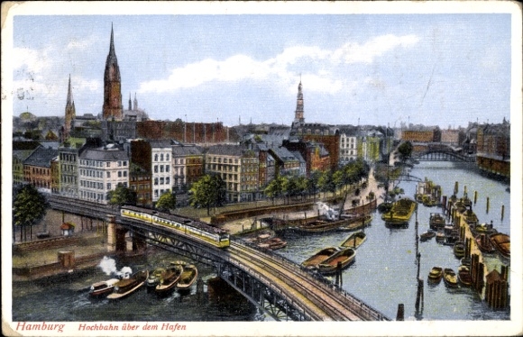 Postcard Hamburg Altona Hochkamp, Hamburg elevated railway over the harbor