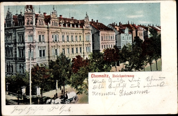 Postcard Chemnitz, Reichstrasse, building, carriage
