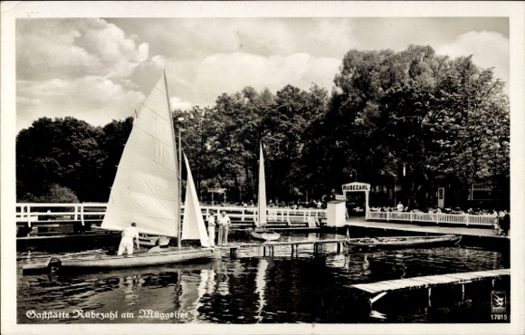 Postcard Berlin Köpenick, Rübezahl Restaurant on Müggelsee, owner Oskar Müller, Sailing boat harbor