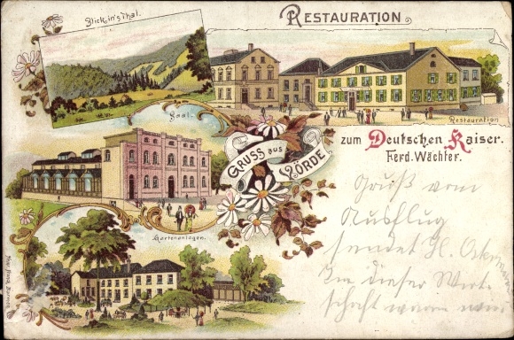 litho Voerde Ennepetal, restauratie aan de Duitse keizer, eigenaar Ferd. Voogd