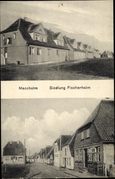Ansichtkaart Maasholm in Sleeswijk-Holstein, nederzetting Fischerheim, huizen