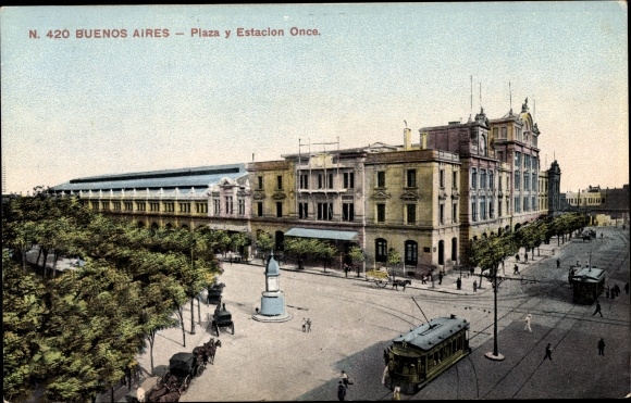 Postcard Buenos Aires Argentina, Plaza y Estacion Once, tram, train station