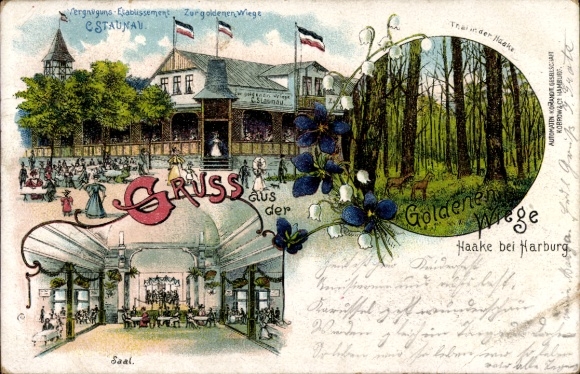 Chromo-Litho Hamburg Harburg Haake, Gasthof Zur goldenen Wiege, Hall, Forest Part