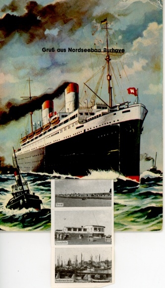 Leporello Postcard Burhaversiel Burhave Butjadingen Wesermarsch, steamer, beach