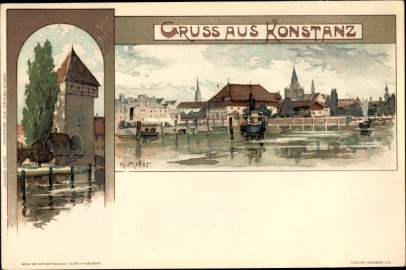 Artist Chromo-Litho Mutter, K., Constance on Lake Constance, partial view of the city, tower