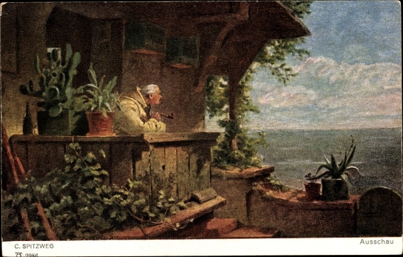 Artist Postcard Spitzweg, C., Lookout, Man with Pipe, Terrace