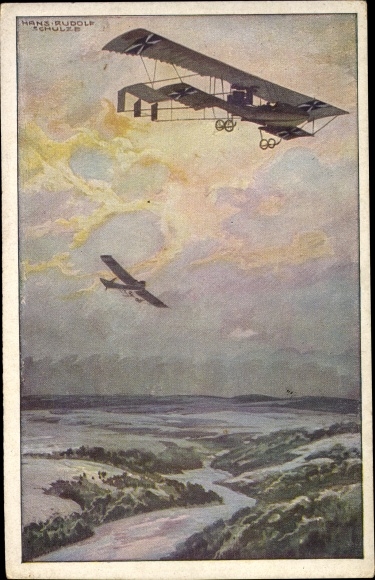 Artist PC Schulze, Hans Rudolf, military biplane on a reconnaissance trip over the Argonne Forest
