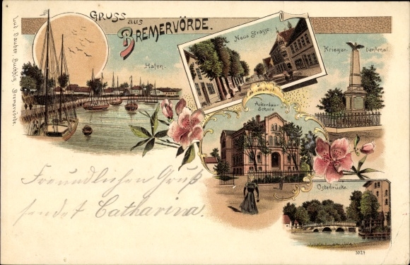 Chromo-Litho Bremervörde, harbour, Neue Straße, agricultural school, Ostebrücke, war memorial